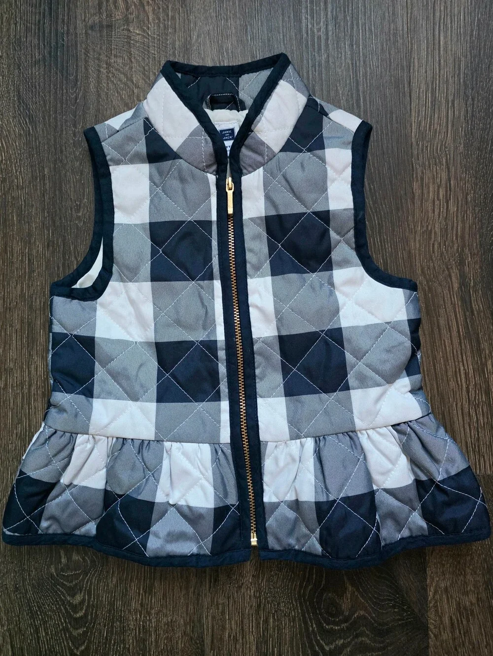 Janie & Jack navy and white buffalo plaid quilted peplum vest